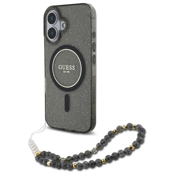 Guess iPhone 16 Case IML Glitter With Pearl Strap MagSafe, Black