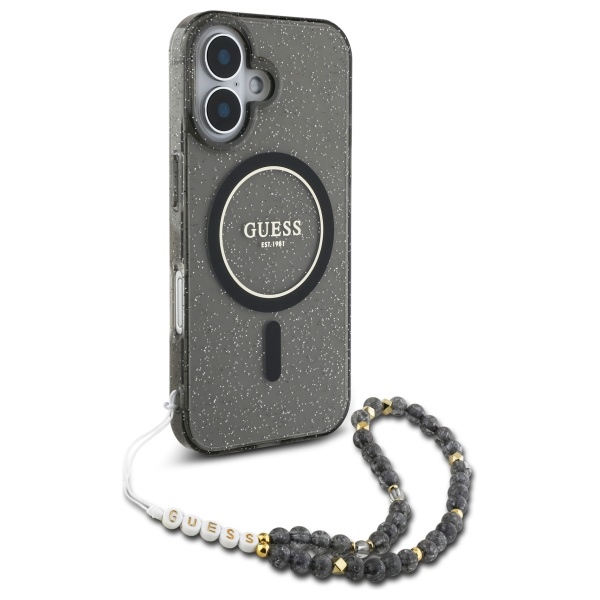 Guess iPhone 16 Case IML Glitter With Pearl Strap MagSafe, Black