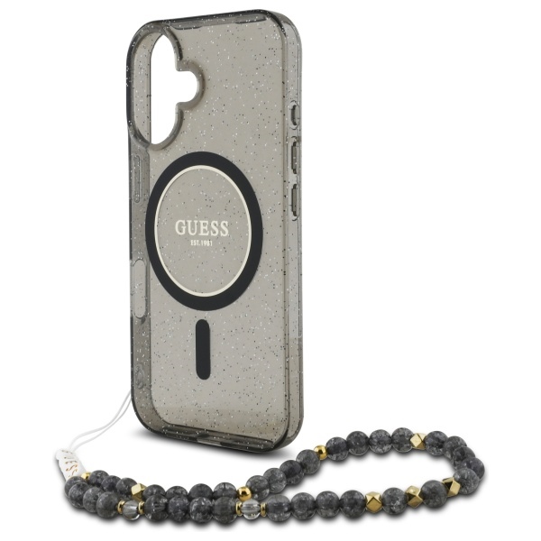 Guess iPhone 16 Case IML Glitter With Pearl Strap MagSafe, Black