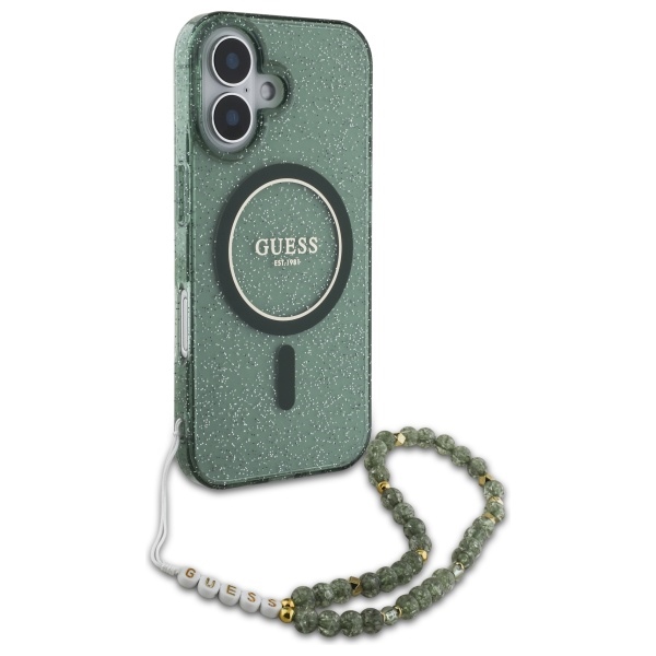 Guess iPhone 16 Case IML Glitter With Pearl Strap MagSafe, Green