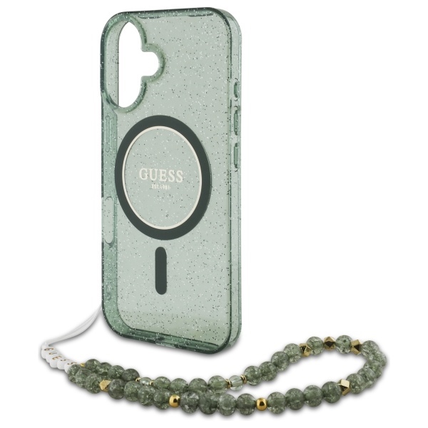 Guess iPhone 16 Case IML Glitter With Pearl Strap MagSafe, Green