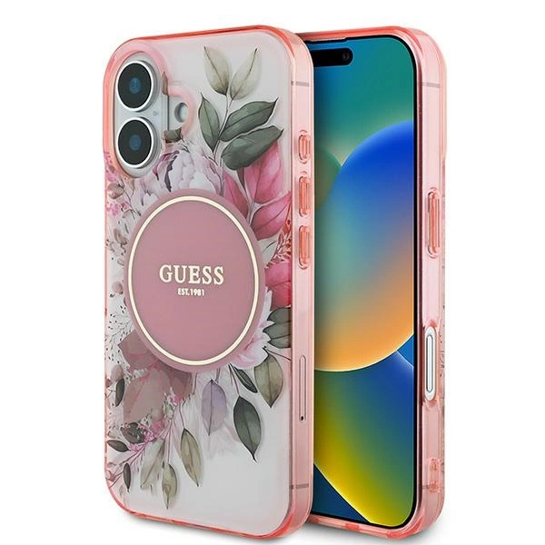 Guess dėklas iPhone 16 telefonui IML Flower & Tonal Circle MagSafe, rožinis