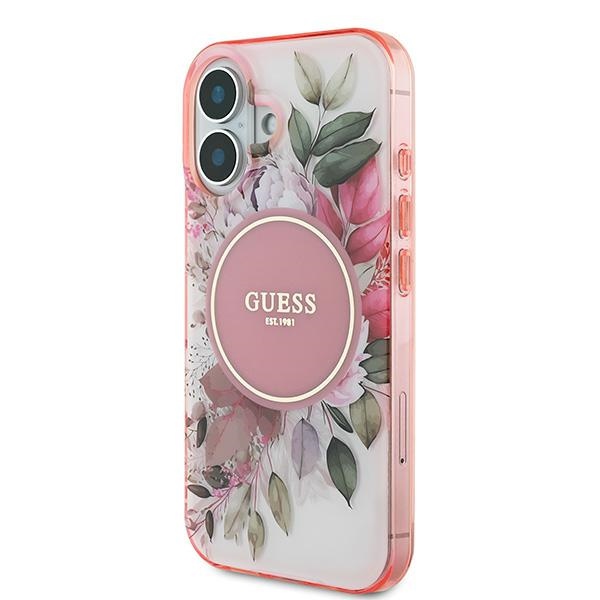 Guess dėklas iPhone 16 telefonui IML Flower & Tonal Circle MagSafe, rožinis