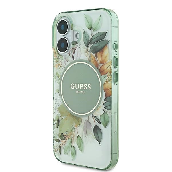 Guess dėklas iPhone 16 telefonui IML Flower & Tonal Circle MagSafe, žalias