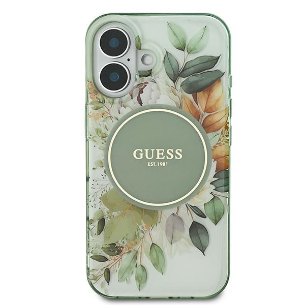 Guess dėklas iPhone 16 telefonui IML Flower & Tonal Circle MagSafe, žalias