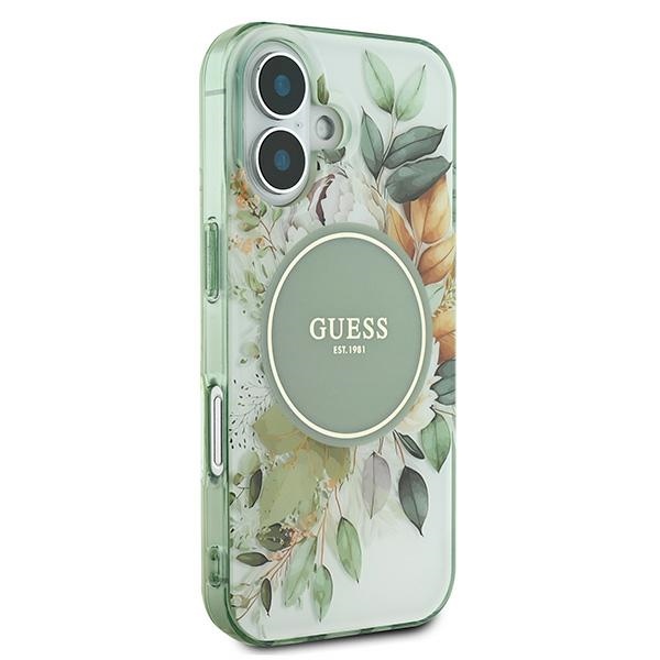 Guess dėklas iPhone 16 telefonui IML Flower & Tonal Circle MagSafe, žalias