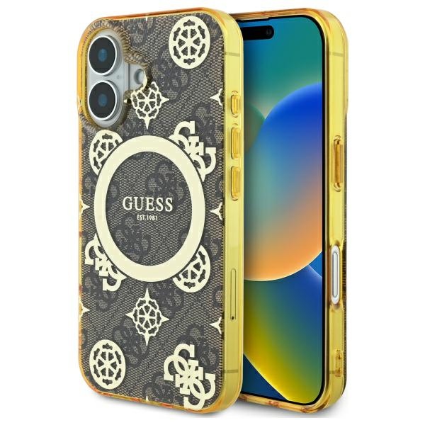 Guess dėklas iPhone 16 telefonui IML Peony On 4G Background MagSafe, rudas