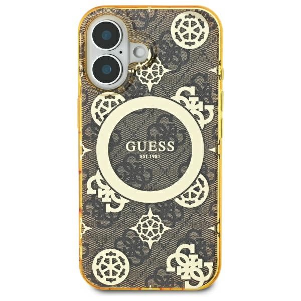 Guess dėklas iPhone 16 telefonui IML Peony On 4G Background MagSafe, rudas