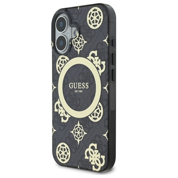 Guess dėklas iPhone 16 telefonui IML Peony On 4G Background MagSafe, juodas