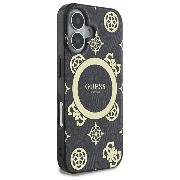 Guess dėklas iPhone 16 telefonui IML Peony On 4G Background MagSafe, juodas
