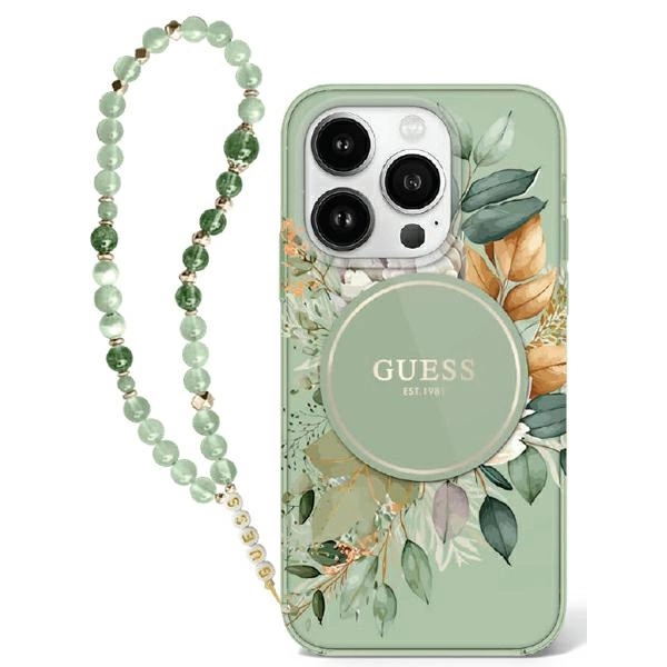 Guess IML Flowers With Pearl Strap MagSafe case for iPhone 16 Pro Max - green