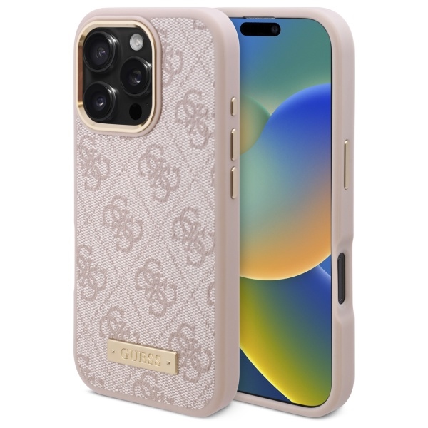 Guess dėklas iPhone 16 Pro Max su MagSafe 4G Logo Plate, rožinis