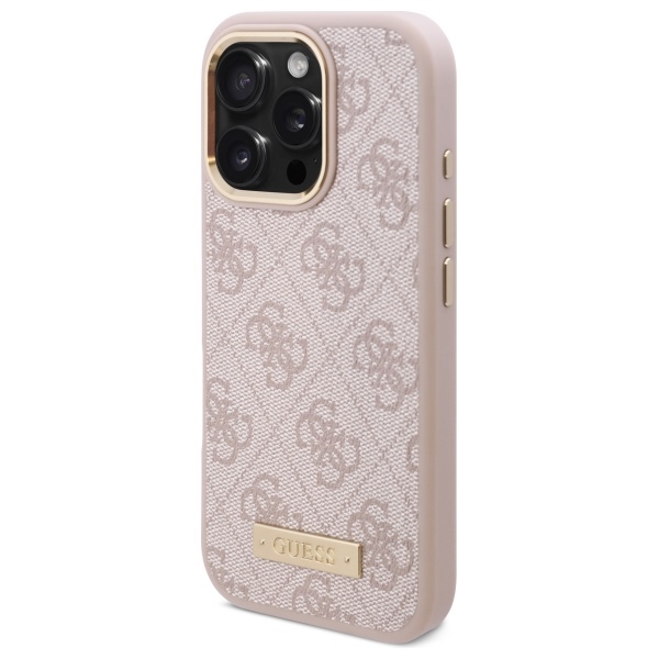 Guess dėklas iPhone 16 Pro Max su MagSafe 4G Logo Plate, rožinis