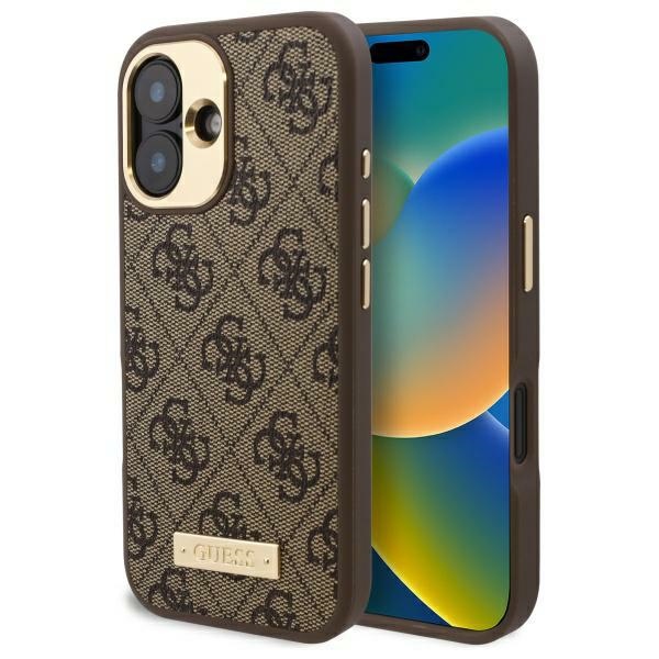 Guess iPhone 16 Plus dėklas 4G Logo Plate MagSafe, rudas