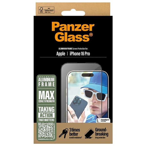 PanzerGlass Ultra-Wide Fit apsauginis stiklas su aliuminio rėmeliu iPhone 16 Pro