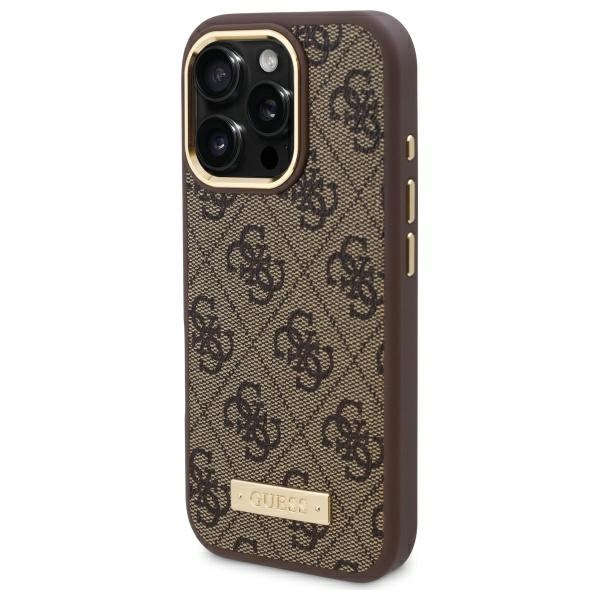 Guess dėklas iPhone 16 Pro Max su MagSafe 4G Logo Plate, rudas