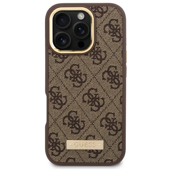 Guess dėklas iPhone 16 Pro Max su MagSafe 4G Logo Plate, rudas