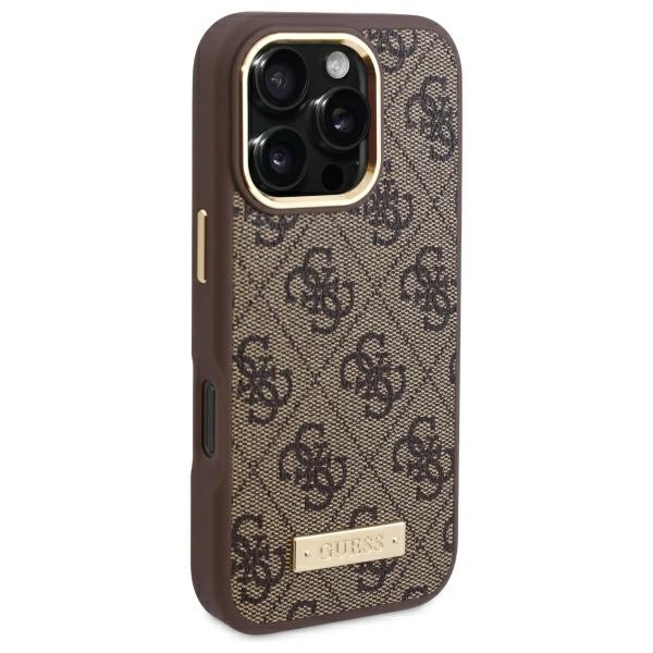Guess dėklas iPhone 16 Pro Max su MagSafe 4G Logo Plate, rudas