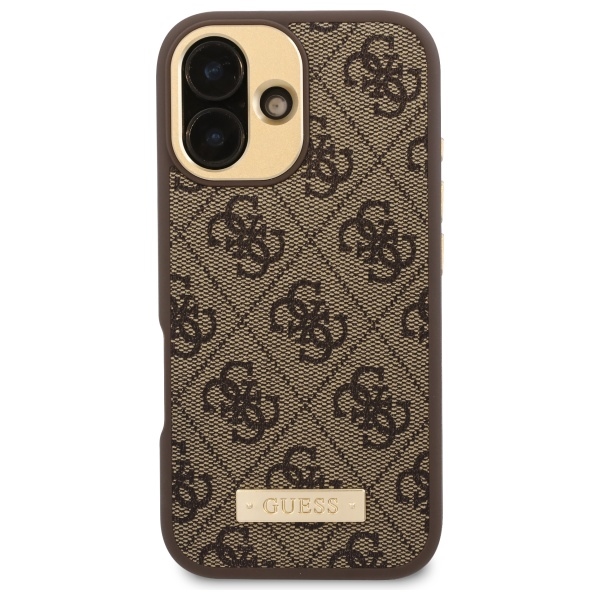 Guess iPhone 16 dėklas 4G Logo Plate MagSafe, rudas