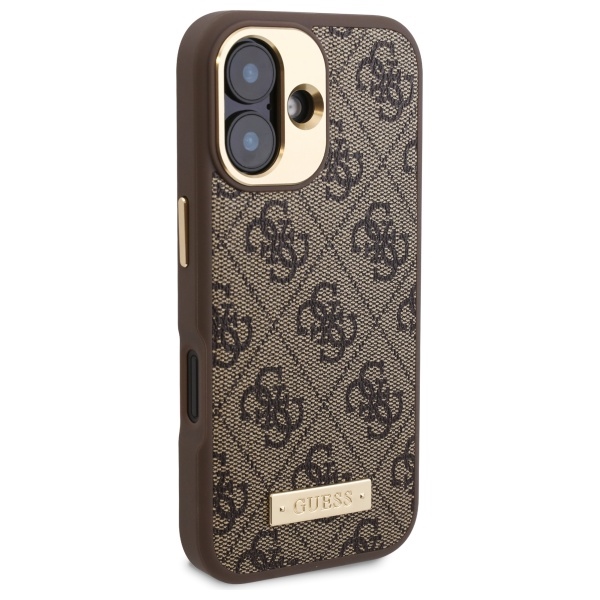 Guess iPhone 16 dėklas 4G Logo Plate MagSafe, rudas