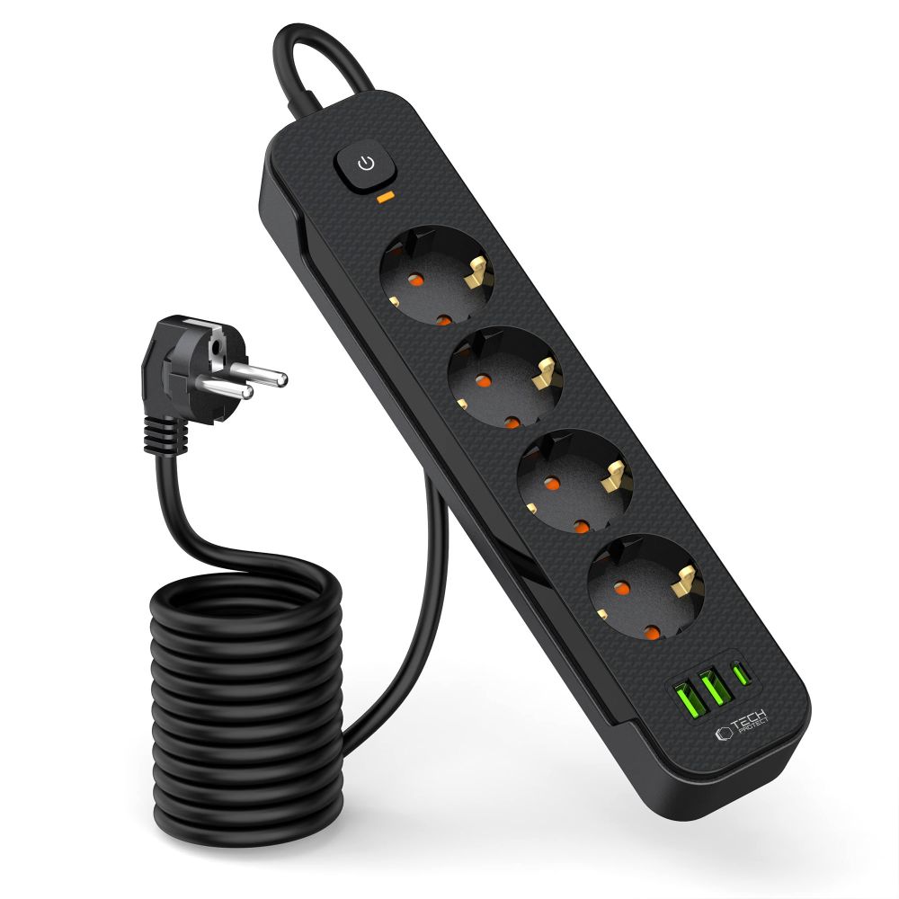 Maitinimo ilgintuvas Tech-Protect PCL4X3, 4 lizdai, 2xUSB-A, 1xUSB-C, 2 m, juodas