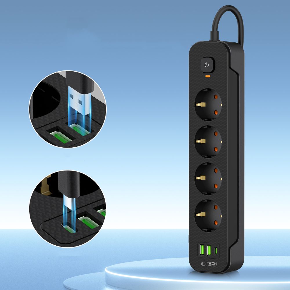 Maitinimo ilgintuvas Tech-Protect PCL4X3, 4 lizdai, 2xUSB-A, 1xUSB-C, 2 m, juodas