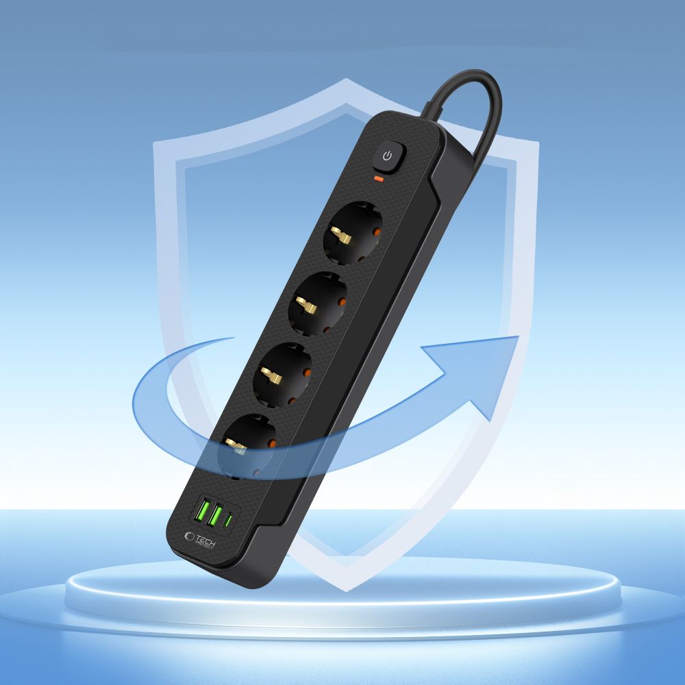 Maitinimo ilgintuvas Tech-Protect PCL4X3, 4 lizdai, 2xUSB-A, 1xUSB-C, 2 m, juodas