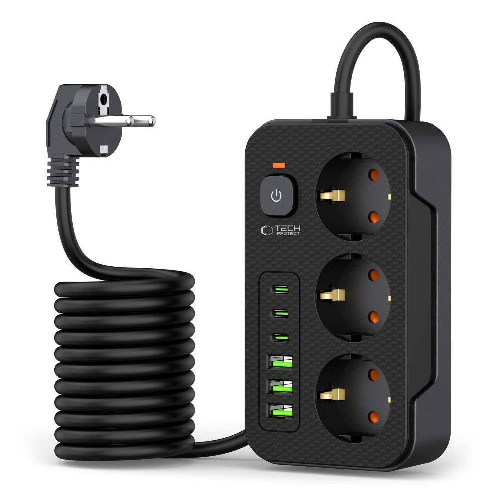 Prailgintuvas Tech-Protect PC3X6, 3 lizdai + 3xUSB-A + 3xUSB-C, 200 cm, juodas