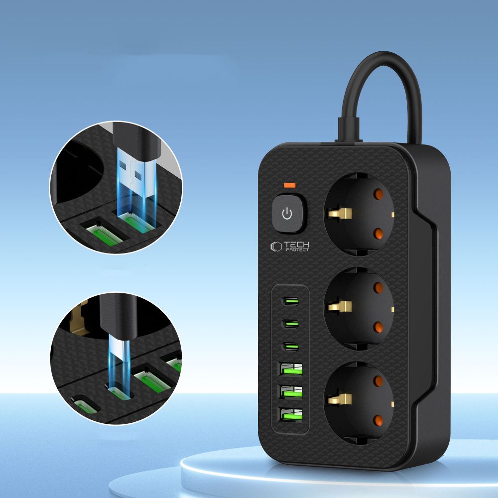 Prailgintuvas Tech-Protect PC3X6, 3 lizdai + 3xUSB-A + 3xUSB-C, 200 cm, juodas