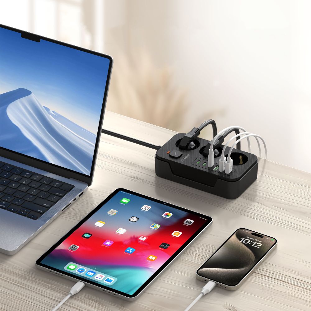 Prailgintuvas Tech-Protect PC3X6, 3 lizdai + 3xUSB-A + 3xUSB-C, 200 cm, juodas