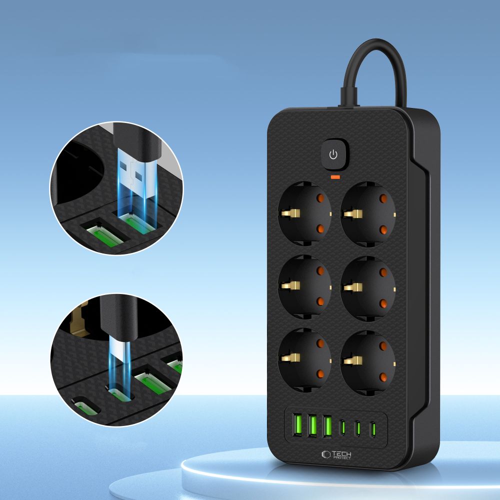 Tech-Protect PC6X6 prailgintuvas su 6 lizdais, 3x USB-A ir 3x USB-C, 2m, juodas