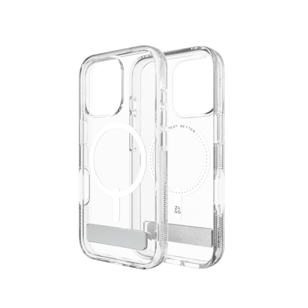 ZAGG Crystal Palace Snap Kickstand MagSafe dėklas su stovu iPhone 16 Pro, skaidrus