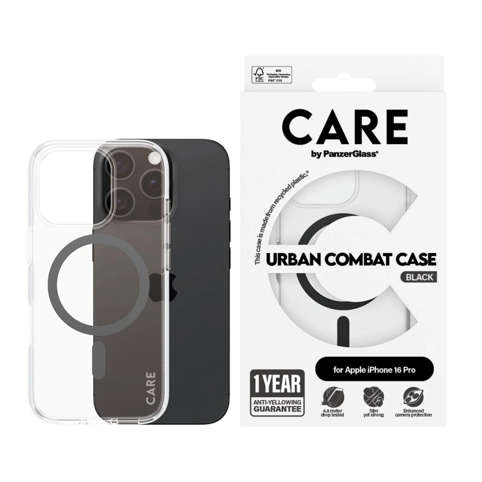 PanzerGlass 1346 CARE Flagship dėklas iPhone 16 Pro, Skaidrus / Juodas