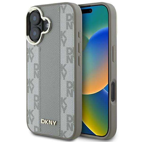 DKNY Leather Checkered Mono Pattern MagSafe dėklas iPhone 16 telefonui, smėlio spalvos