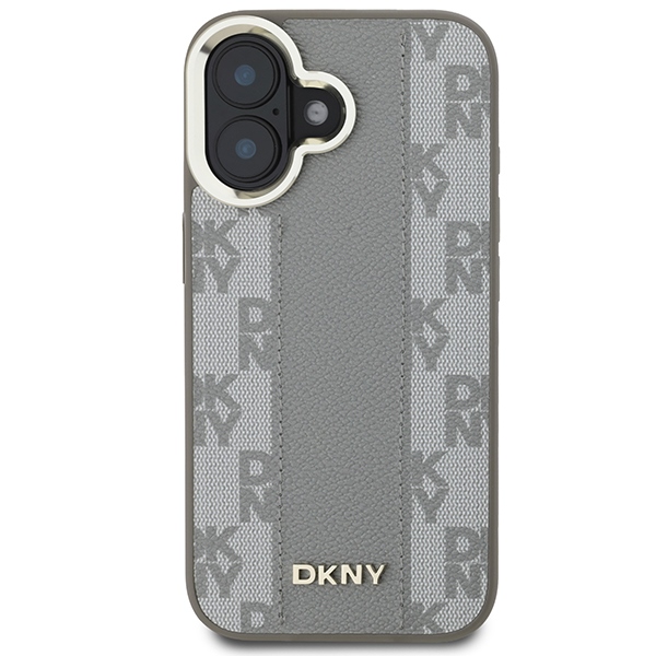 DKNY Leather Checkered Mono Pattern MagSafe dėklas iPhone 16 telefonui, smėlio spalvos