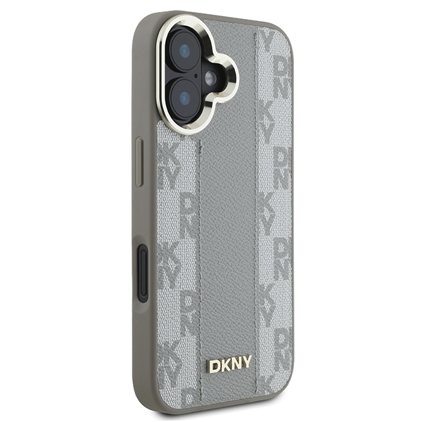 DKNY Leather Checkered Mono Pattern MagSafe dėklas iPhone 16 telefonui, smėlio spalvos