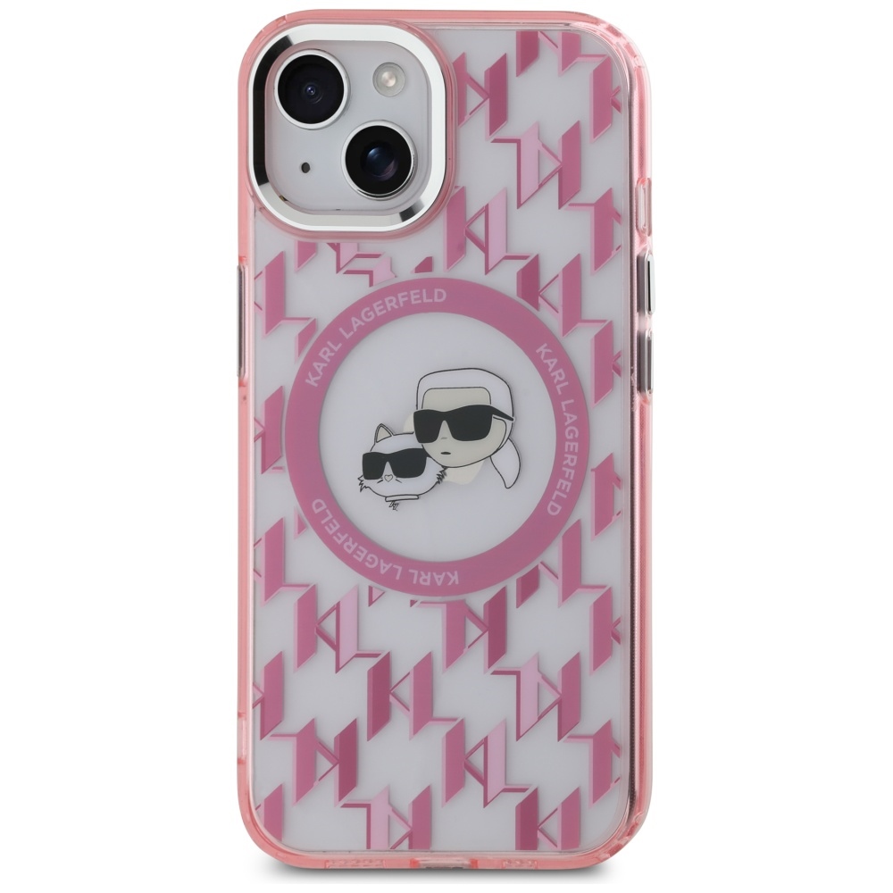 Karl Lagerfeld dėklas iPhone 15 telefonui IML Monogram Choupette MagSafe, rožinis