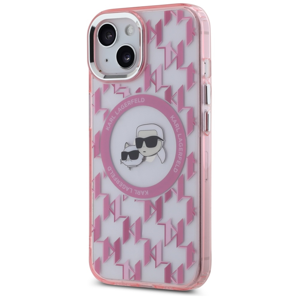 Karl Lagerfeld dėklas iPhone 15 Plus telefonui IML Monogram Karl & Choupette MagSafe, rožinis