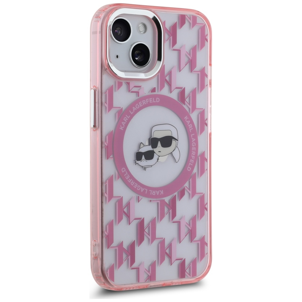 Karl Lagerfeld dėklas iPhone 15 Plus telefonui IML Monogram Karl & Choupette MagSafe, rožinis