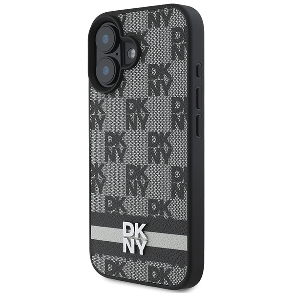 DKNY dėklas, skirtas iPhone 16, Checkered Pattern & Printed Stripes, juodas
