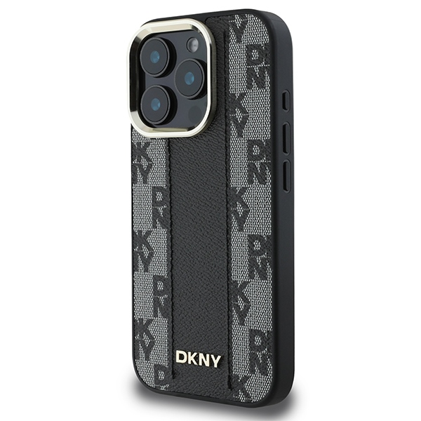DKNY Leather Checkered Mono Pattern MagSafe dėklas iPhone 16 Pro, juodas