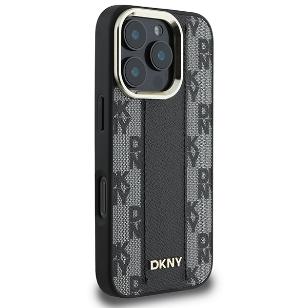 DKNY Leather Checkered Mono Pattern MagSafe dėklas iPhone 16 Pro, juodas