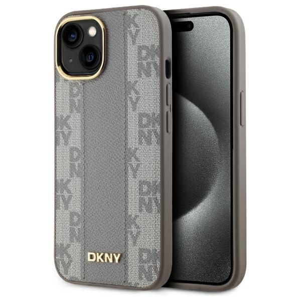 DKNY dėklas iPhone 15 Plus telefonui Leather Checkered Mono Pattern MagSafe, smėlio
