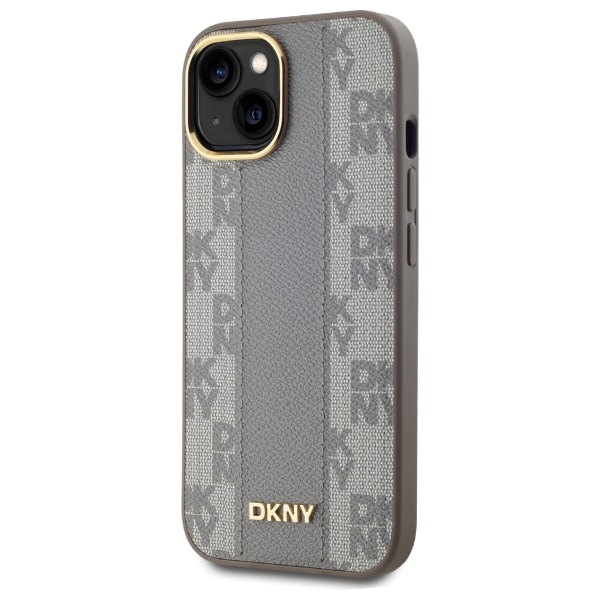 DKNY dėklas iPhone 15 Plus telefonui Leather Checkered Mono Pattern MagSafe, smėlio