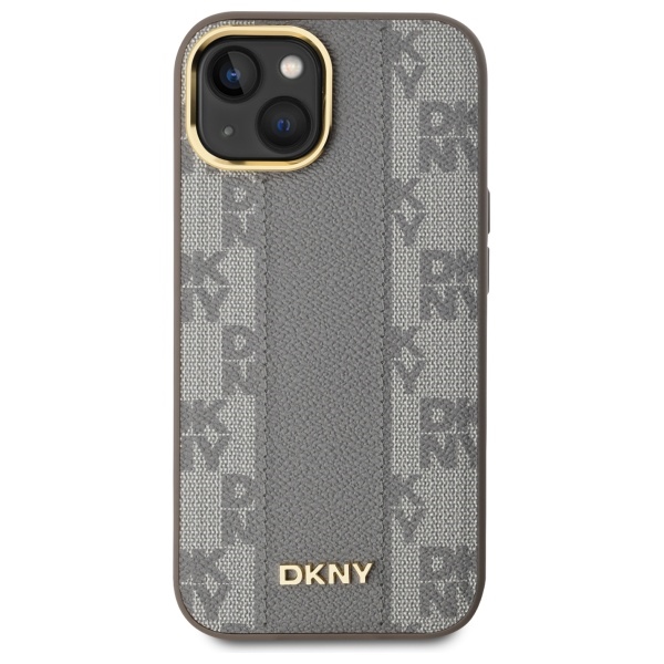 DKNY dėklas iPhone 15 Plus telefonui Leather Checkered Mono Pattern MagSafe, smėlio