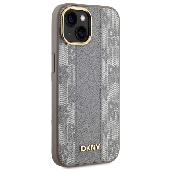 DKNY dėklas iPhone 15 Plus telefonui Leather Checkered Mono Pattern MagSafe, smėlio