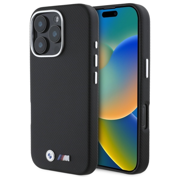 BMW dėklas iPhone 16 Pro Max telefonui M Edition Kevlar, juodas