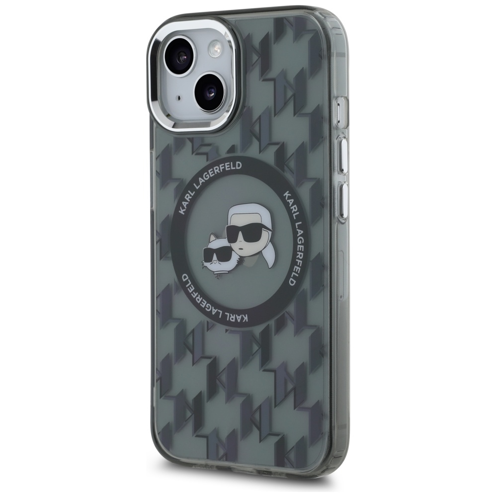 Karl Lagerfeld dėklas iPhone 15 su MagSafe IML Monogram Karl & Choupette, juodas