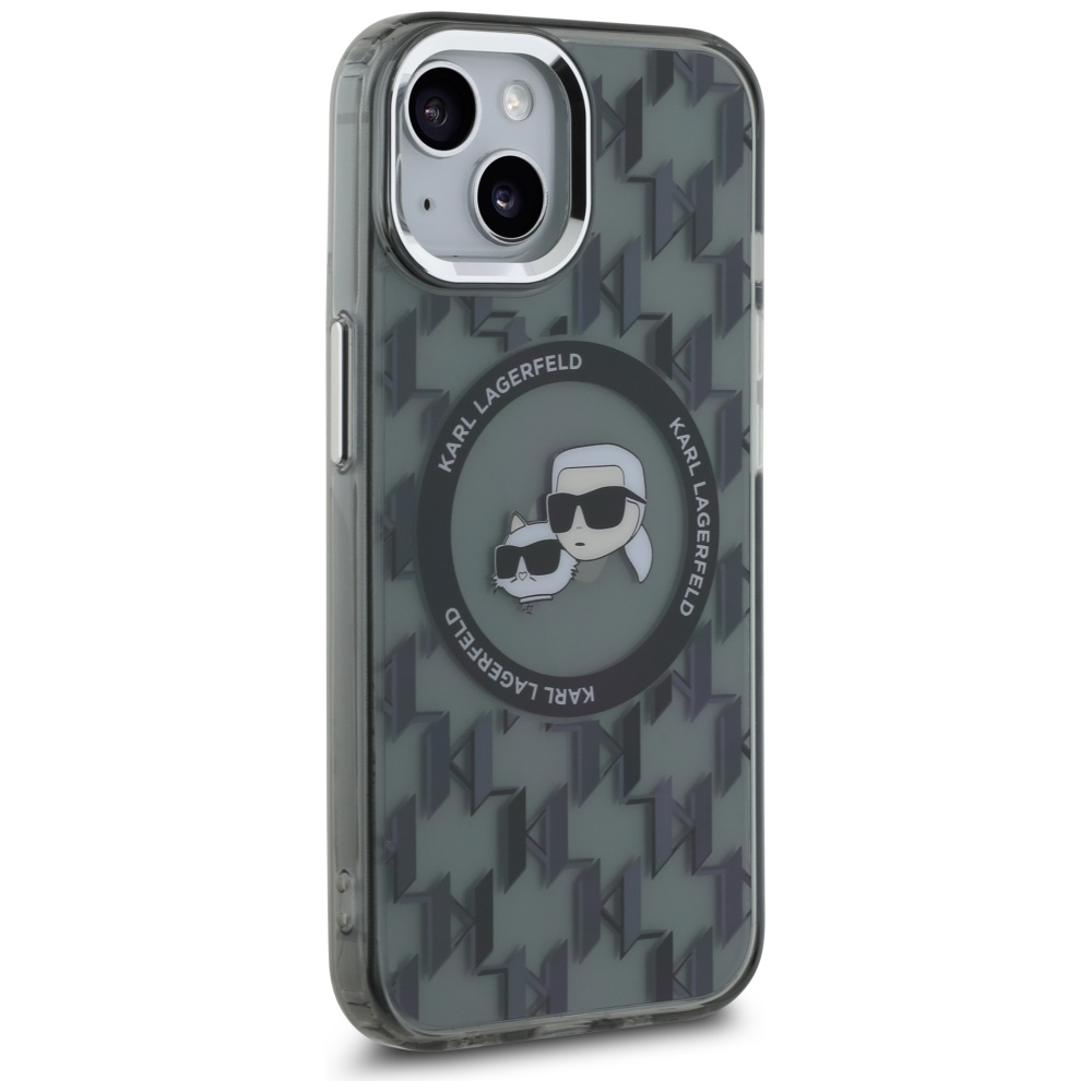 Karl Lagerfeld dėklas iPhone 15 su MagSafe IML Monogram Karl & Choupette, juodas