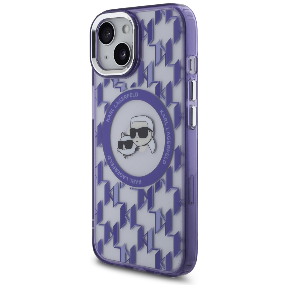 Karl Lagerfeld iPhone 15 dėklas IML Monogram Karl & Choupette MagSafe, violetinis